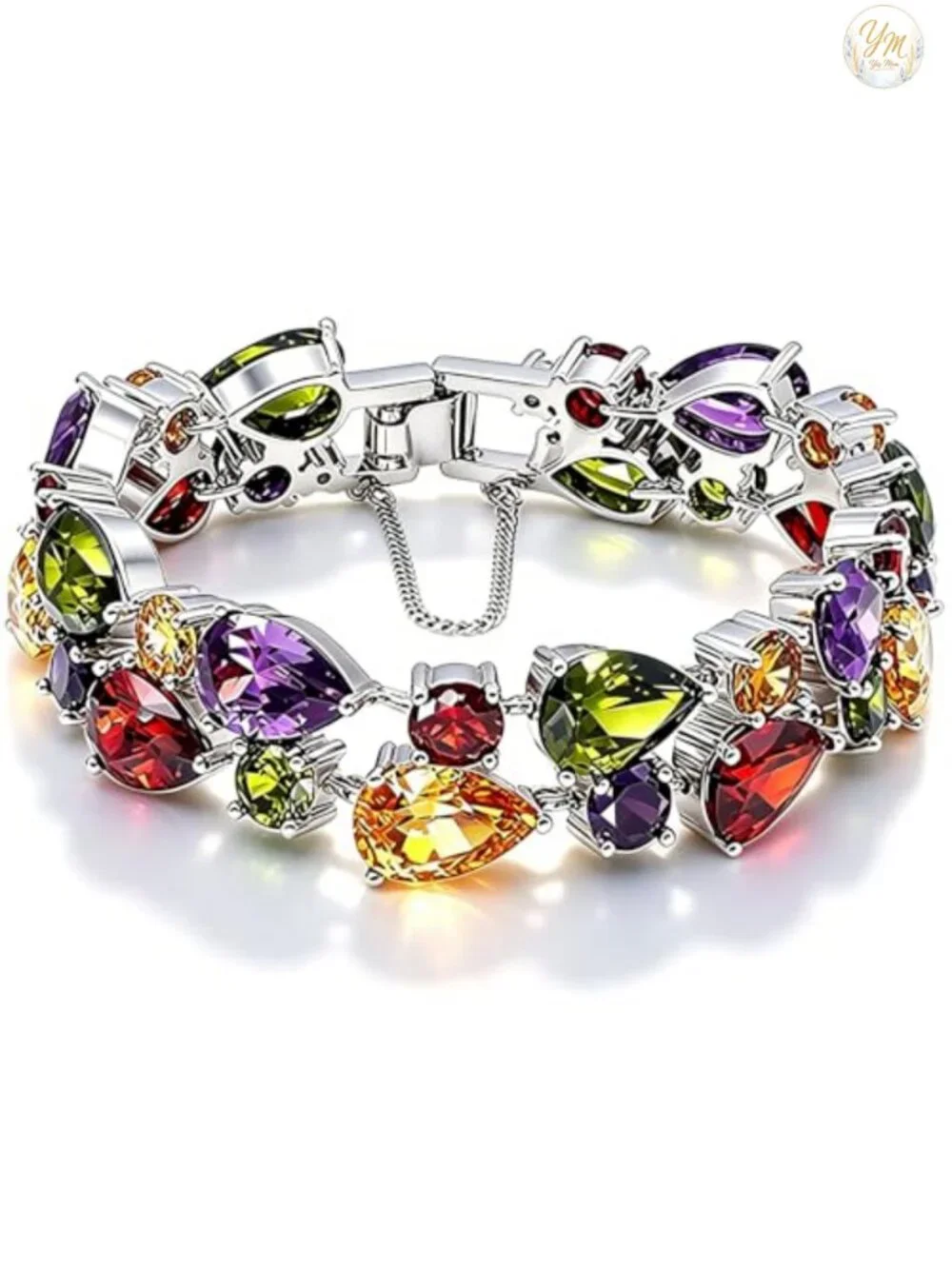 Silver Plated Link Bracelet with Gemstones Multi Stone Fashion Jewelry 8 Inches